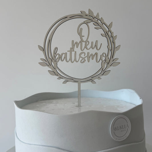 topper bolo batismo branco madeira